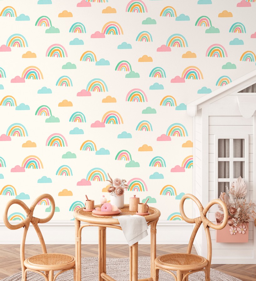 Papel pintado de arcoíris y nubes acuarela infantil pastel  Finn Magic 684068