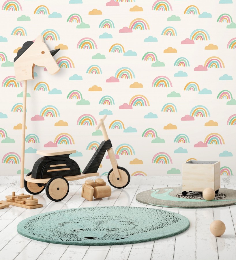 Papel pintado de arcoíris y nubes acuarela infantil pastel  Finn Magic 684068
