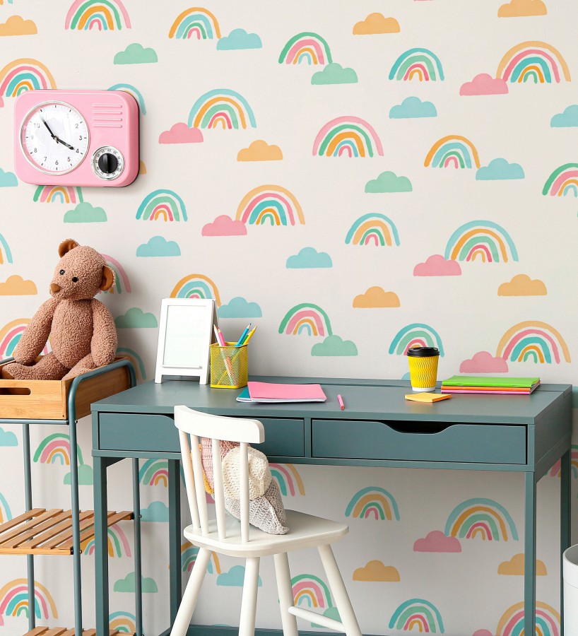 Papel pintado de arcoíris y nubes acuarela infantil pastel  Finn Magic 684068
