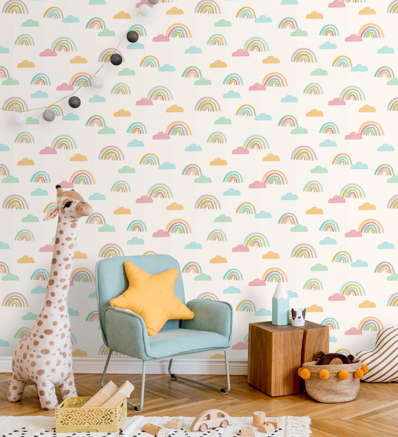 Papel pintado de arcoíris y nubes acuarela infantil pastel  Finn Magic 684068