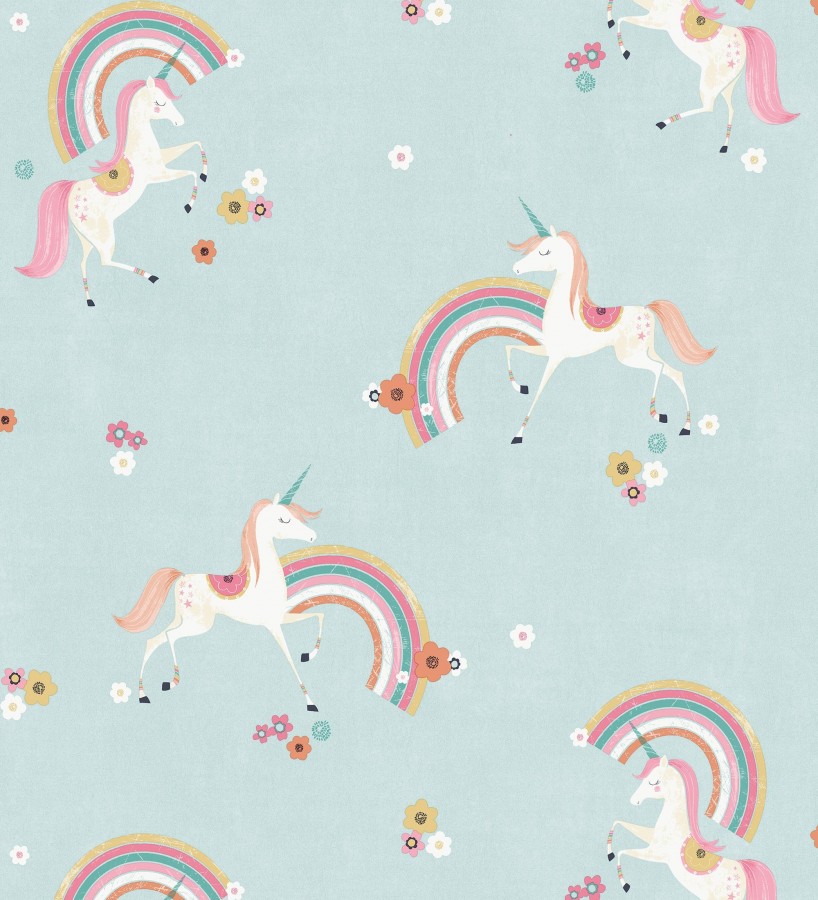 Papel pintado de unicornios mágicos y arcoíris vintage fondo azul  Iris Rainbow 684070