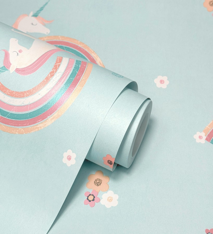 Papel pintado de unicornios mágicos y arcoíris vintage fondo azul  Iris Rainbow 684070