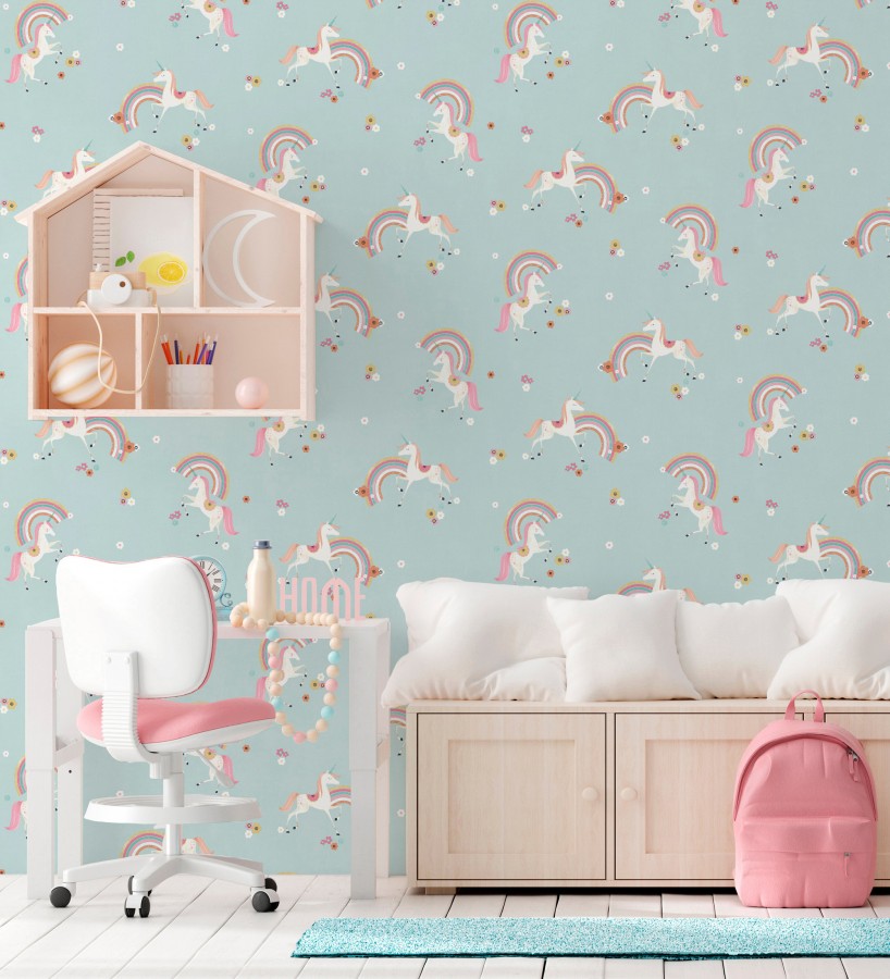 Papel pintado de unicornios mágicos y arcoíris vintage fondo azul  Iris Rainbow 684070