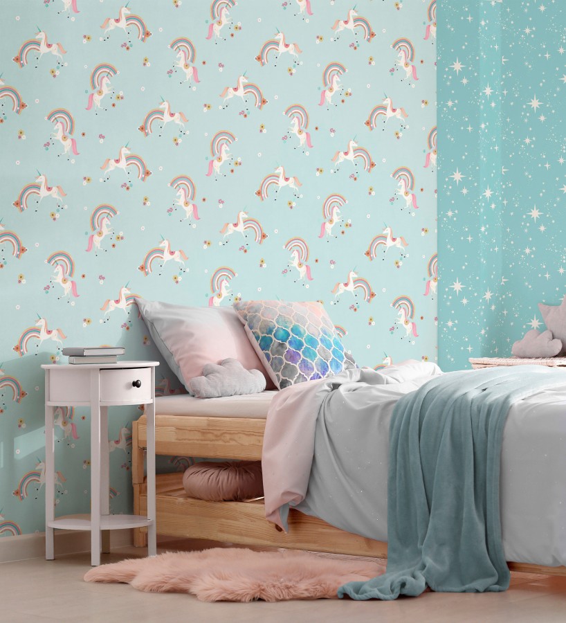 Papel pintado de unicornios mágicos y arcoíris vintage fondo azul  Iris Rainbow 684070