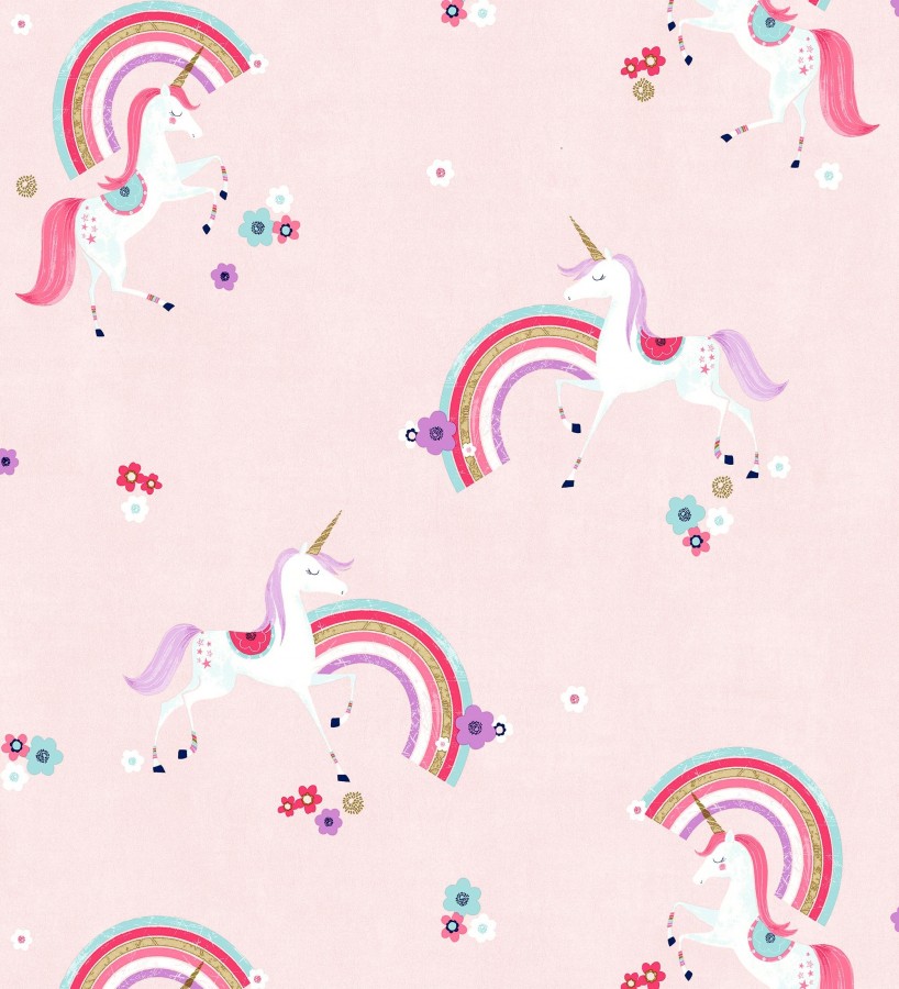 Papel pintado de unicornios mágicos y arcoíris vintage fondo rosa  Iris Rainbow 684071