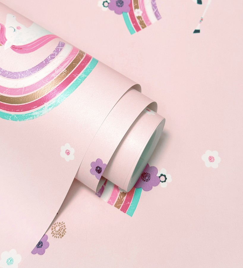 Papel pintado de unicornios mágicos y arcoíris vintage fondo rosa  Iris Rainbow 684071