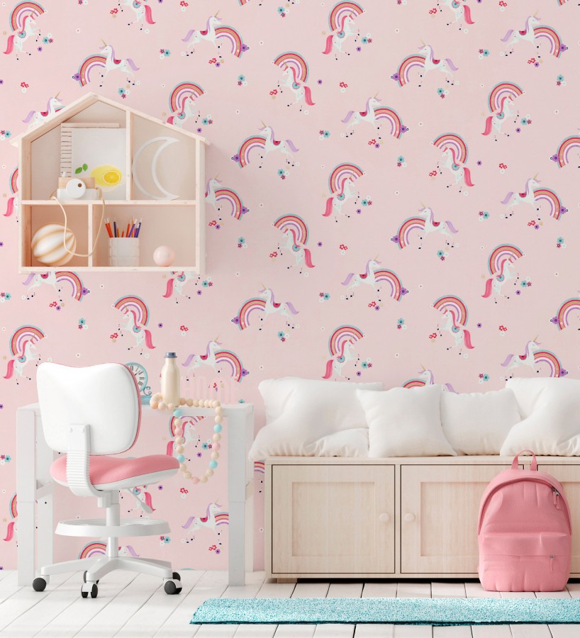 Papel pintado de unicornios mágicos y arcoíris vintage fondo rosa  Iris Rainbow 684071