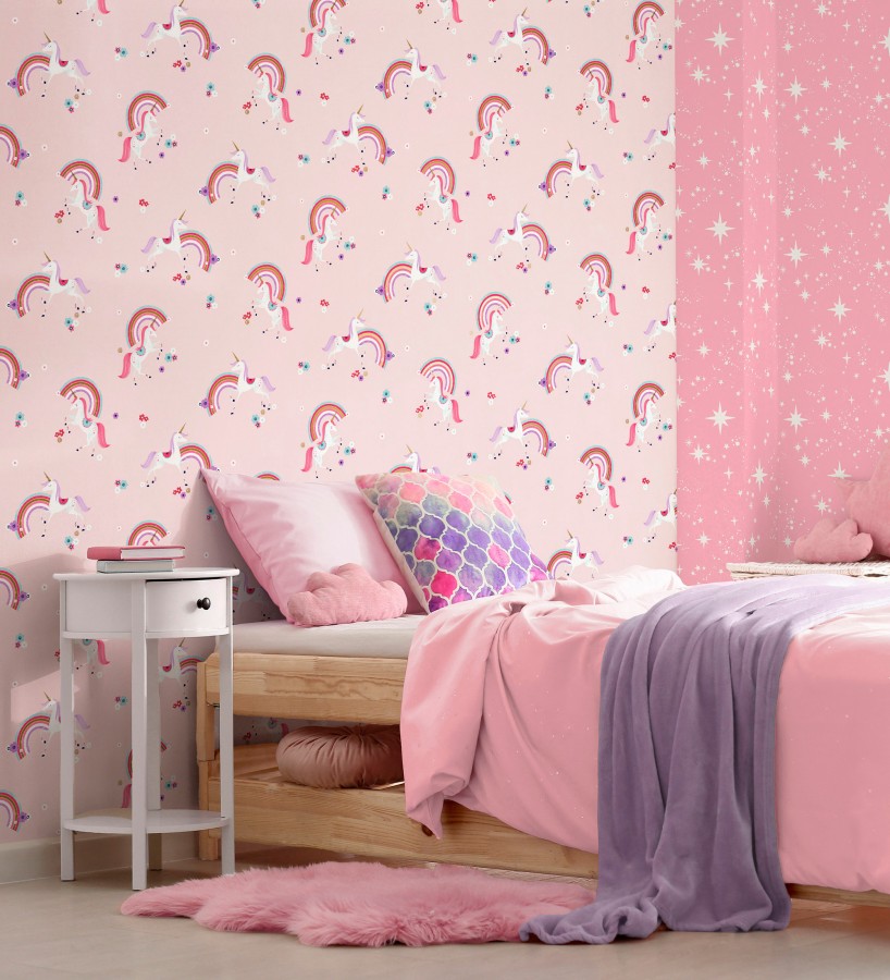 Papel pintado de unicornios mágicos y arcoíris vintage fondo rosa  Iris Rainbow 684071
