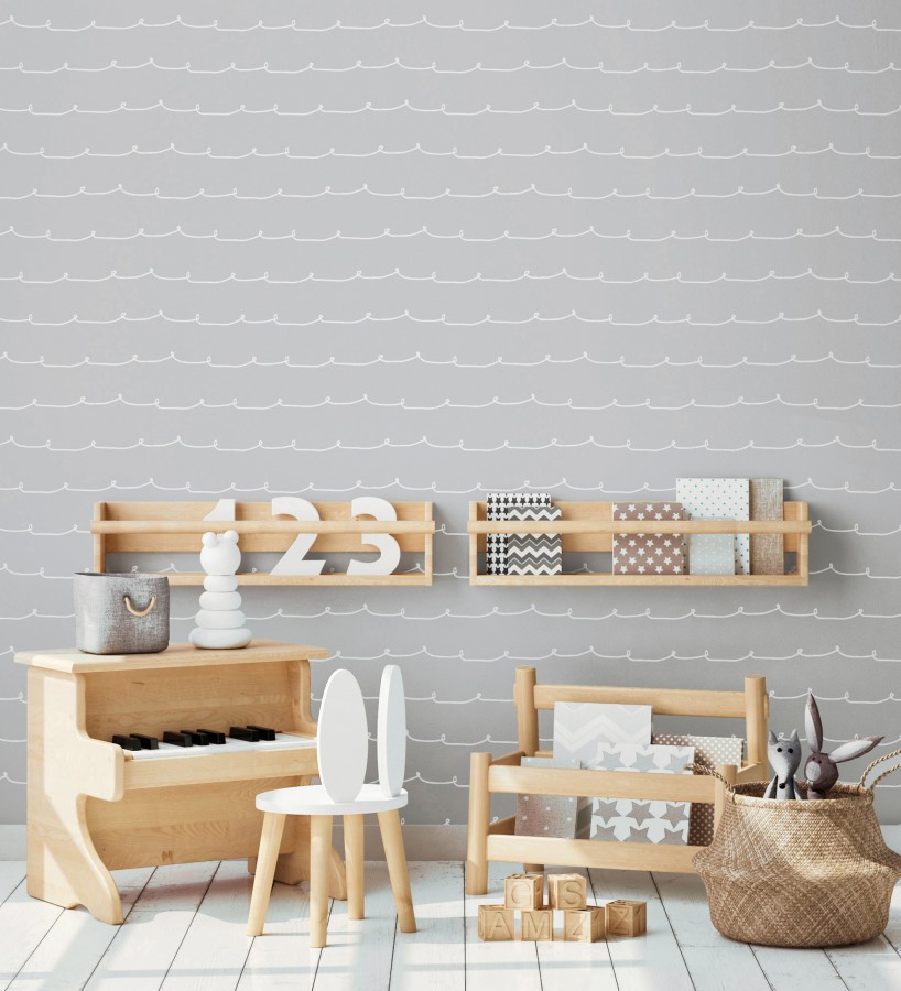 Papel pintado ondas blancas minimalistas fondo color gris medio  Zoe Wavy 684076