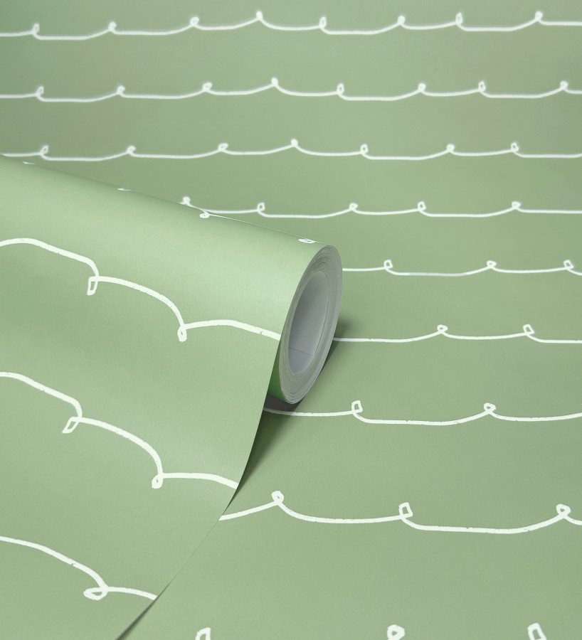 Papel pintado ondas blancas minimalistas fondo color verde pistacho  Zoe Wavy 684077