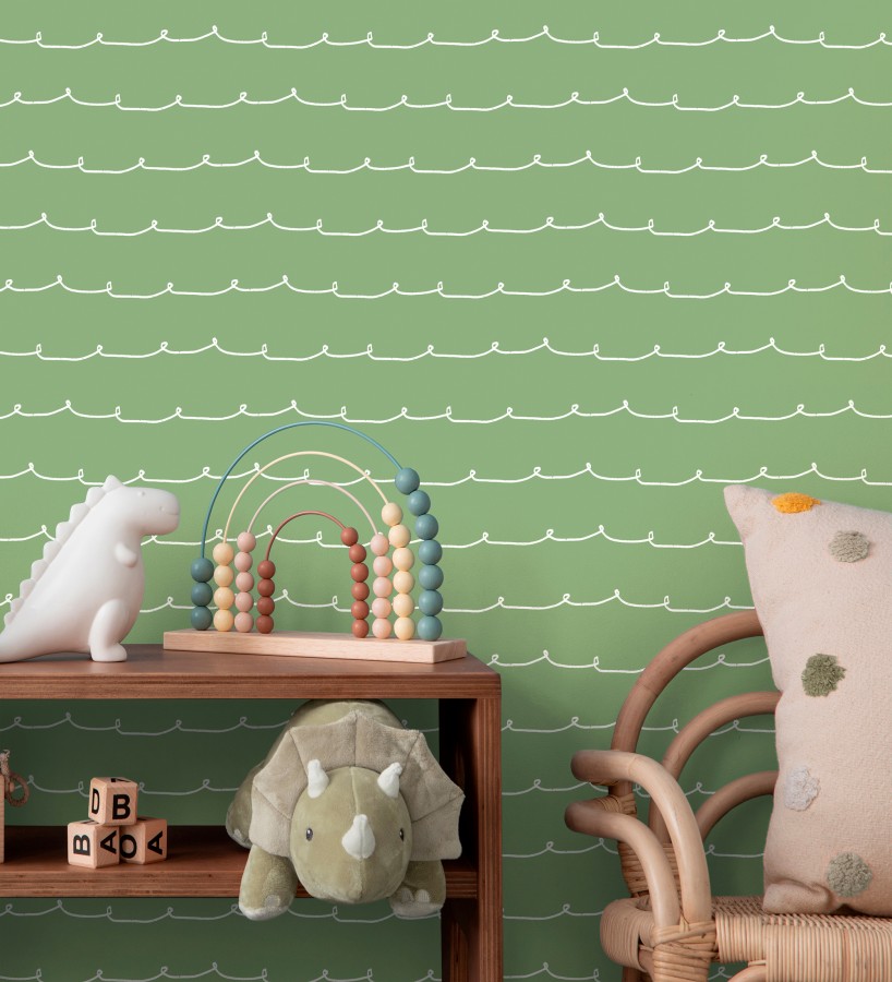 Papel pintado ondas blancas minimalistas fondo color verde pistacho  Zoe Wavy 684077