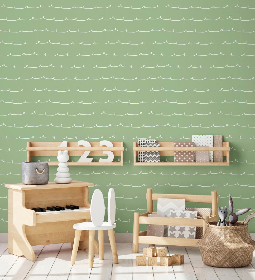 Papel pintado ondas blancas minimalistas fondo color verde pistacho  Zoe Wavy 684077