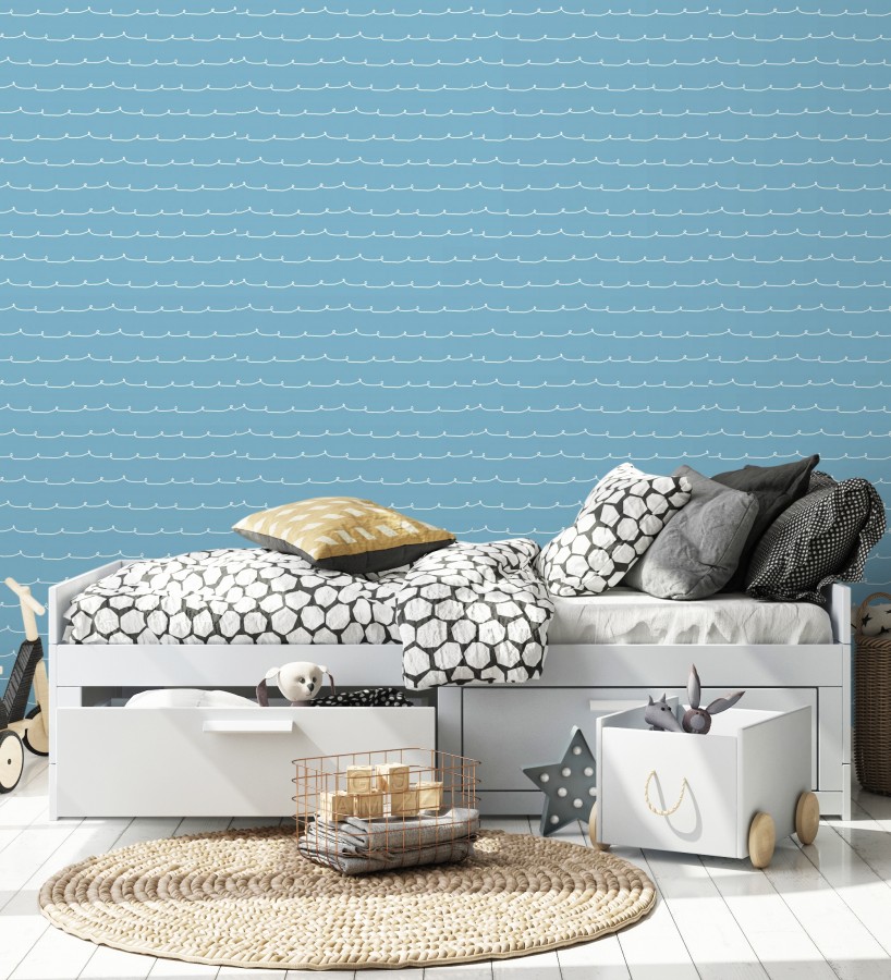 Papel pintado ondas blancas minimalistas fondo color azul cielo  Zoe Wavy 684078