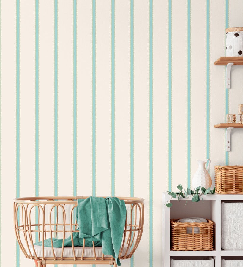 Papel pintado rayas celestes y verdes festoneadas infantil  Olivia Wavy 684079