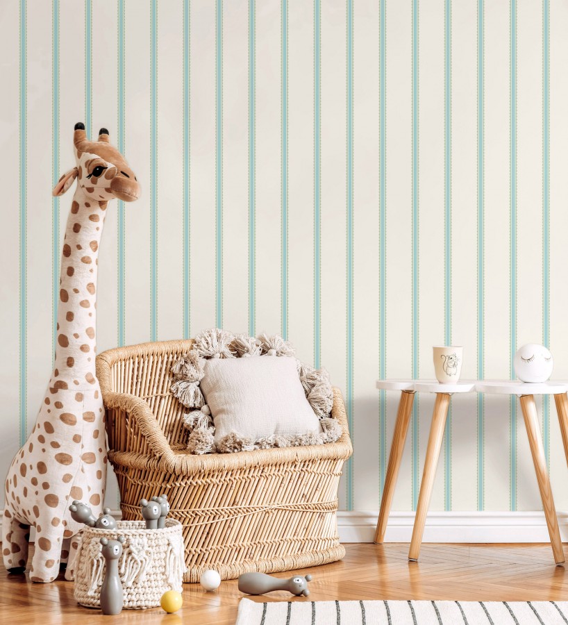 Papel pintado rayas celestes y verdes festoneadas infantil  Olivia Wavy 684079