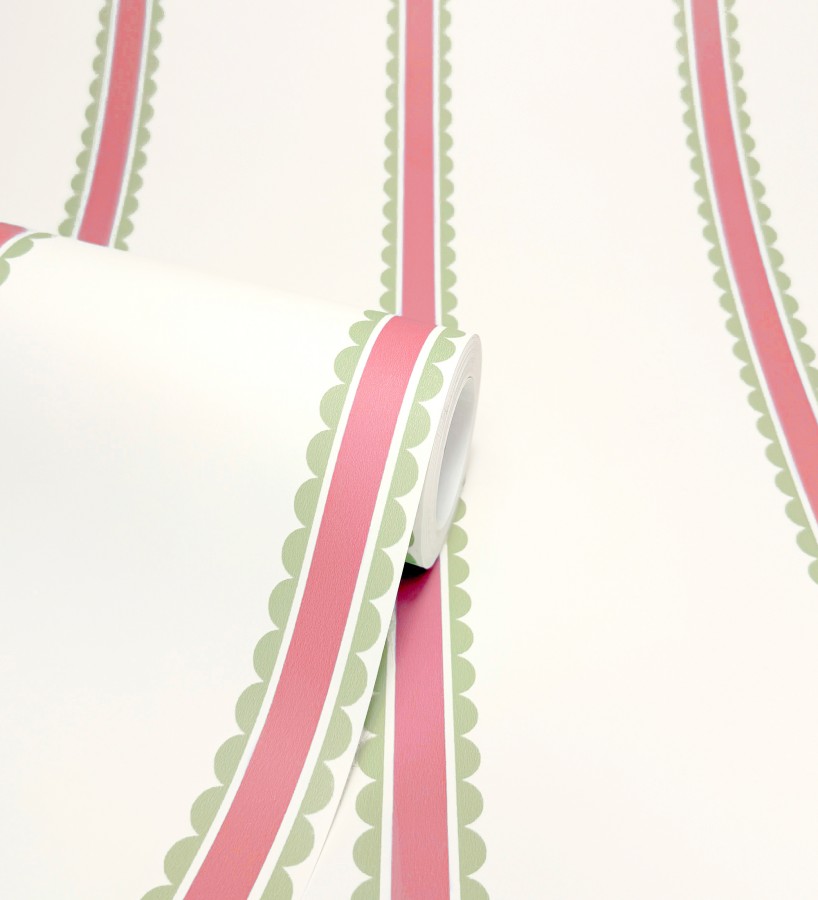 Papel pintado rayas fucsia y verdes festoneadas infantil  Olivia Wavy 684080