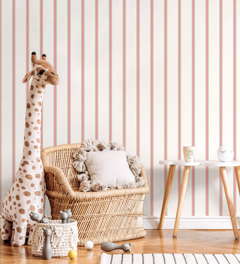 Papel pintado rayas fucsia y verdes festoneadas infantil  Olivia Wavy 684080