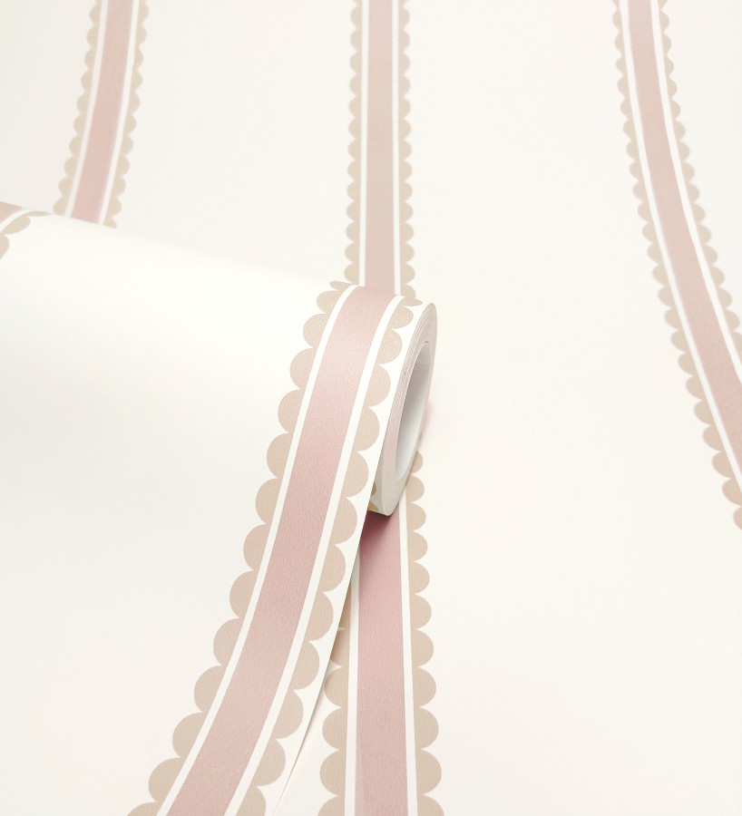 Papel pintado rayas rosa palo y beige festoneadas infantil  Olivia Wavy 684082