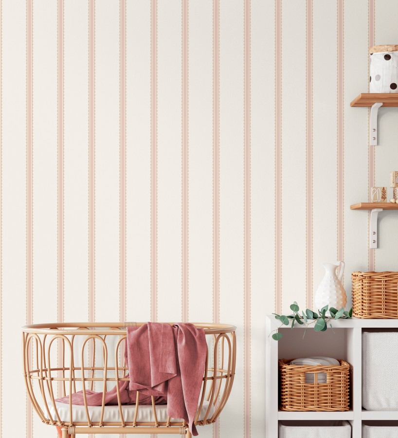 Papel pintado rayas rosa palo y beige festoneadas infantil  Olivia Wavy 684082
