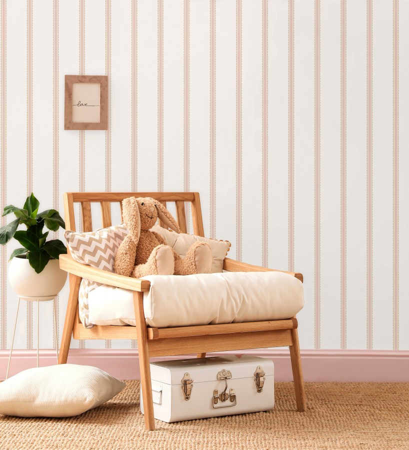 Papel pintado rayas rosa palo y beige festoneadas infantil  Olivia Wavy 684082