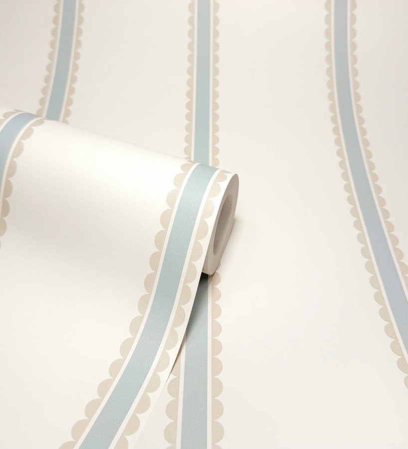 Papel pintado rayas azules y beige festoneadas infantil  Olivia Wavy 684084