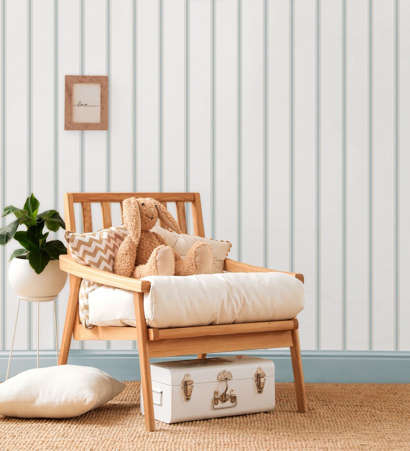 Papel pintado rayas azules y beige festoneadas infantil  Olivia Wavy 684084