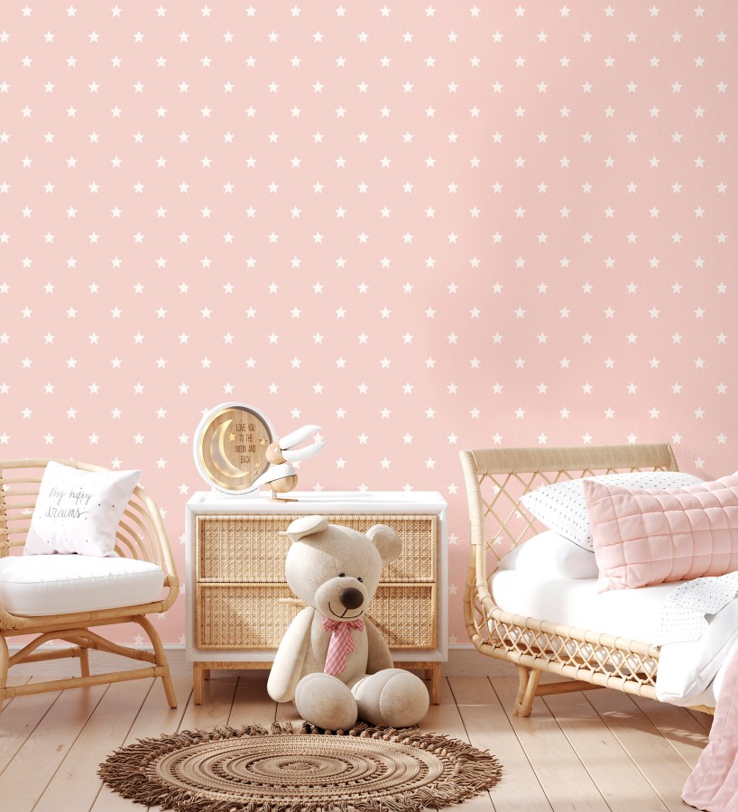 Papel pintado de estrellas blancas fondo rosa estilo infantil nórdico  Stella 684088
