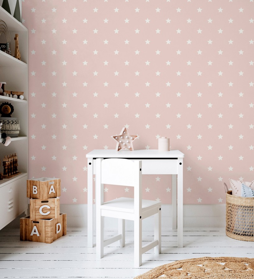 Papel pintado de estrellas blancas fondo rosa estilo infantil nórdico  Stella 684088