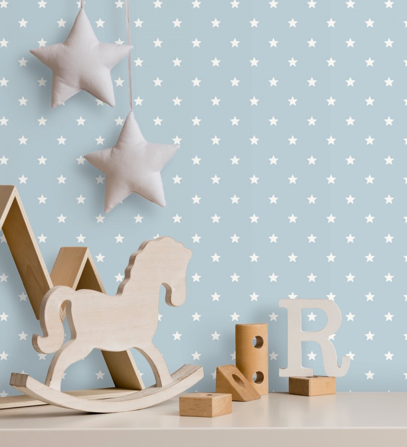Papel pintado de estrellas blancas fondo celeste estilo infantil nórdico  Stella 684089