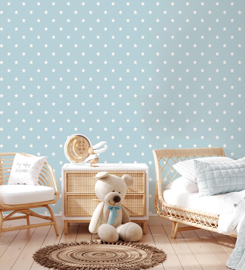 Papel pintado de estrellas blancas fondo celeste estilo infantil nórdico  Stella 684089