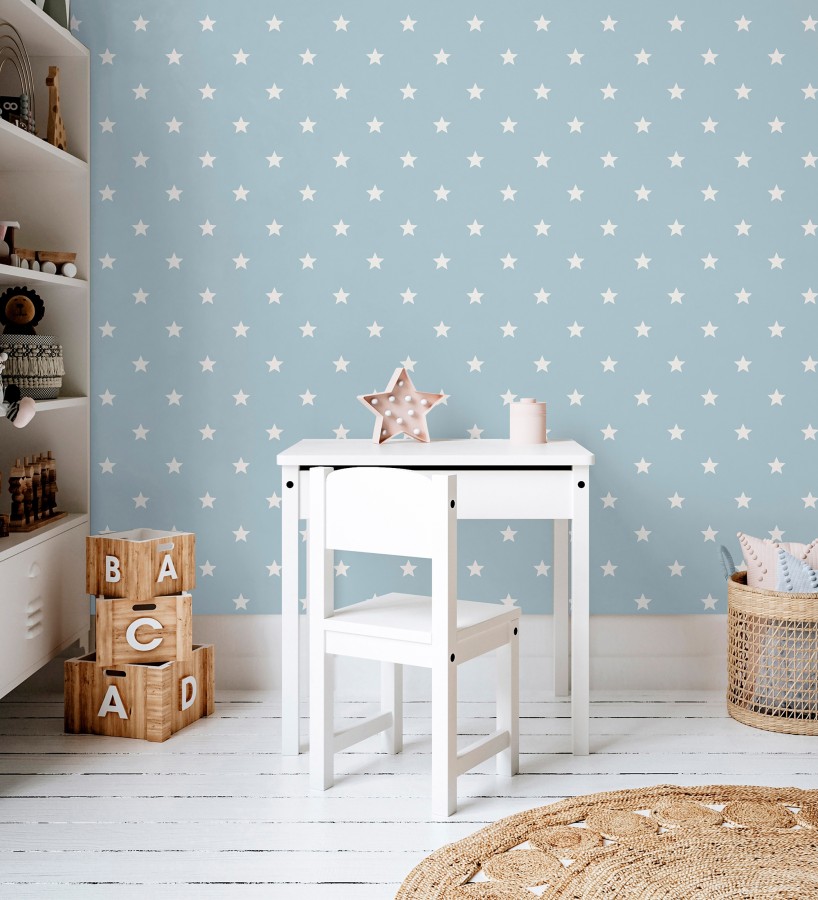 Papel pintado de estrellas blancas fondo celeste estilo infantil nórdico  Stella 684089