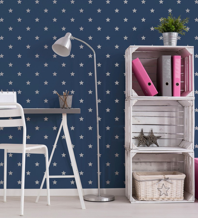 Papel pintado de estrellas plata fondo azul oscuro  Stella 684090