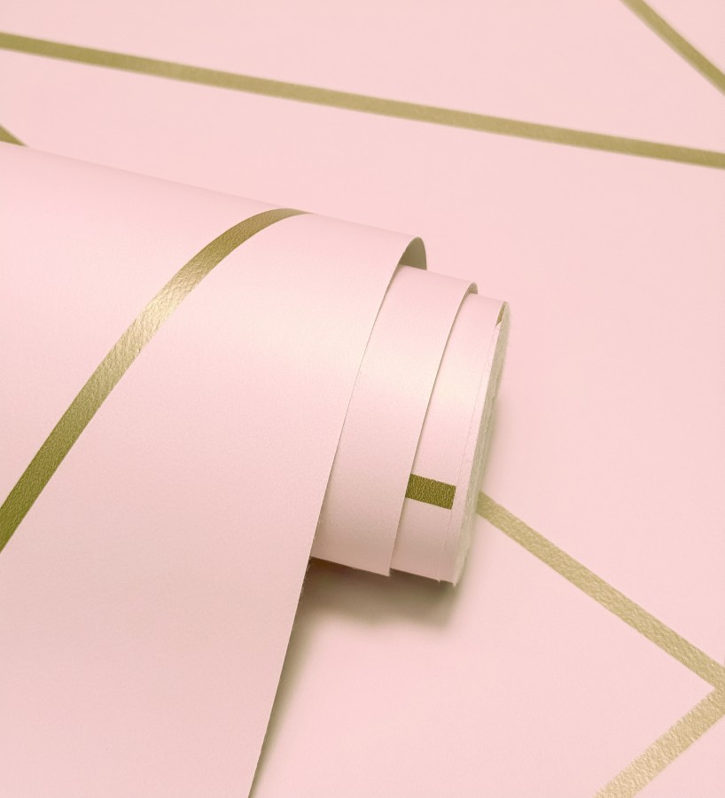 Papel pintado geométrico de líneas doradas fondo rosa  Noa Pink 684091