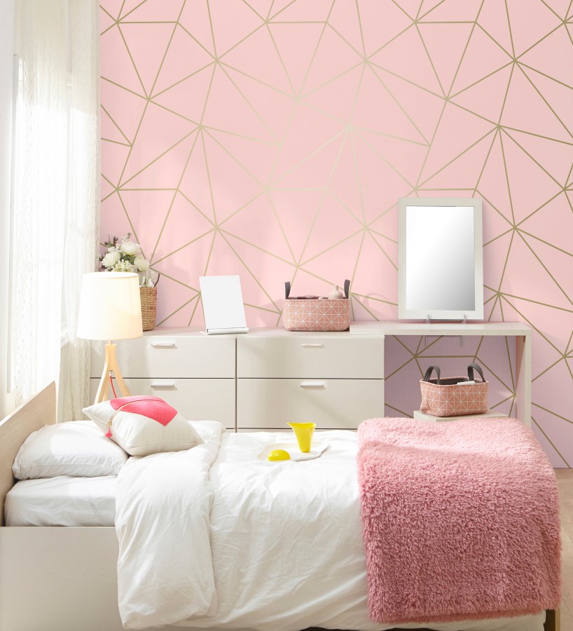 Papel pintado geométrico de líneas doradas fondo rosa  Noa Pink 684091