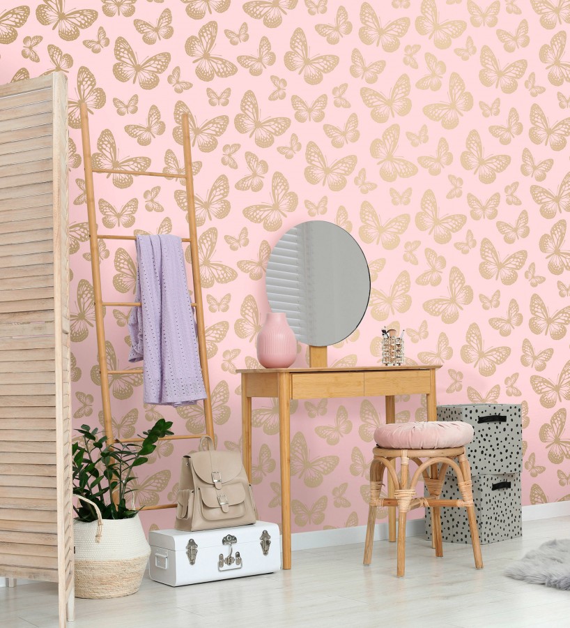 Papel pintado de mariposas doradas sobre fondo rosa  Mia Butterfly 684092