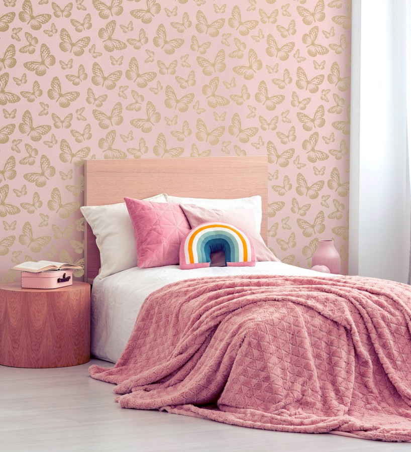 Papel pintado de mariposas doradas sobre fondo rosa  Mia Butterfly 684092