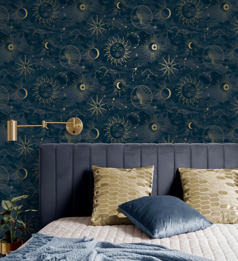 Papel pintado místico de constelaciones luna sol y estrellas azul noche  Lyra Astral 684093