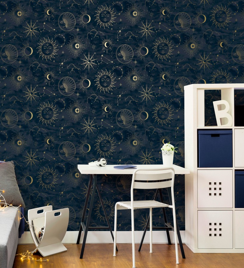 Papel pintado místico de constelaciones luna sol y estrellas azul noche  Lyra Astral 684093