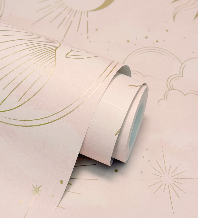 Papel pintado místico de constelaciones luna sol y estrellas rosa claro  Lyra Astral 684094