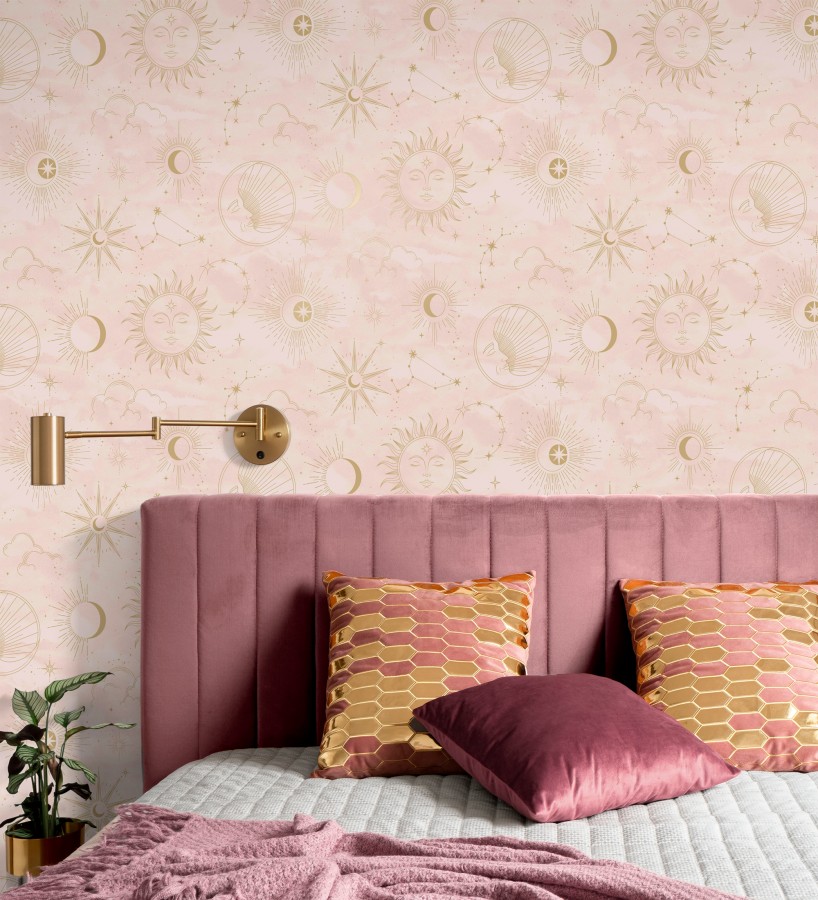 Papel pintado místico de constelaciones luna sol y estrellas rosa claro  Lyra Astral 684094