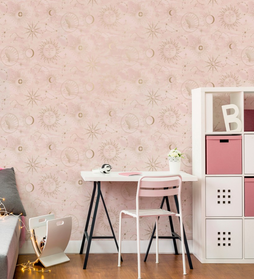 Papel pintado místico de constelaciones luna sol y estrellas rosa claro  Lyra Astral 684094