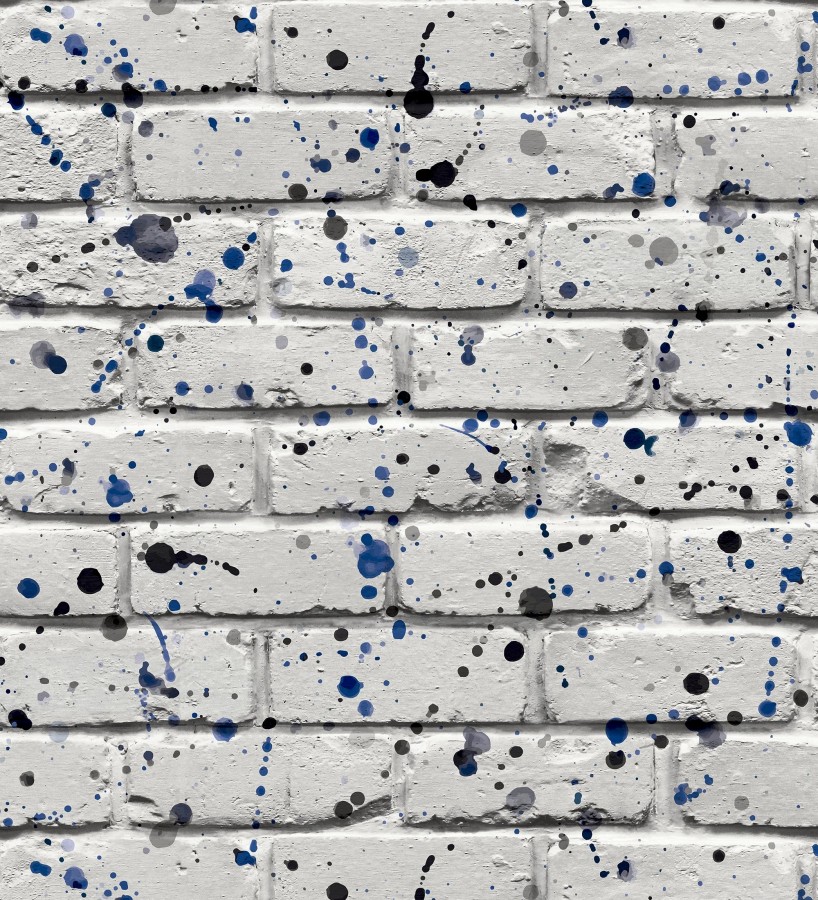 Papel pintado de ladrillos urbano con salpicaduras azules y negras  Spotty Studio 684095