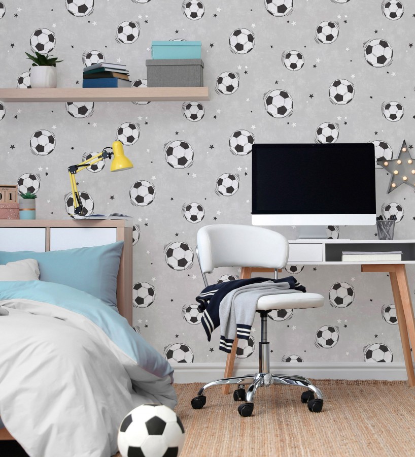 Papel pintado de balones de fútbol y estrellas en gris  Pau Soccer 684096