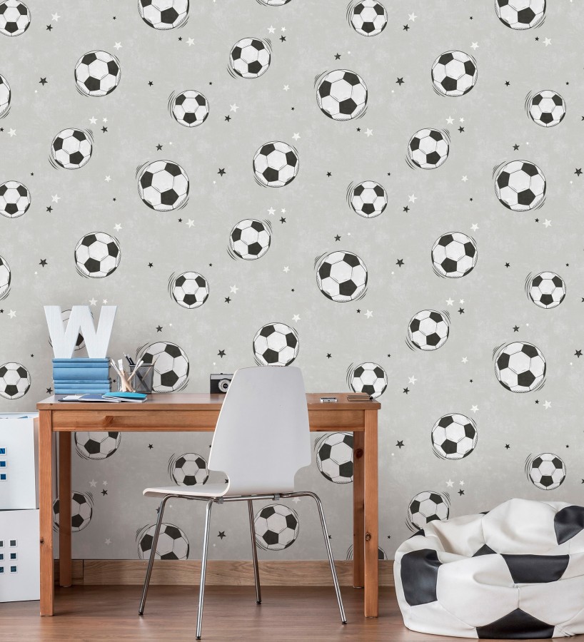 Papel pintado de balones de fútbol y estrellas en gris  Pau Soccer 684096