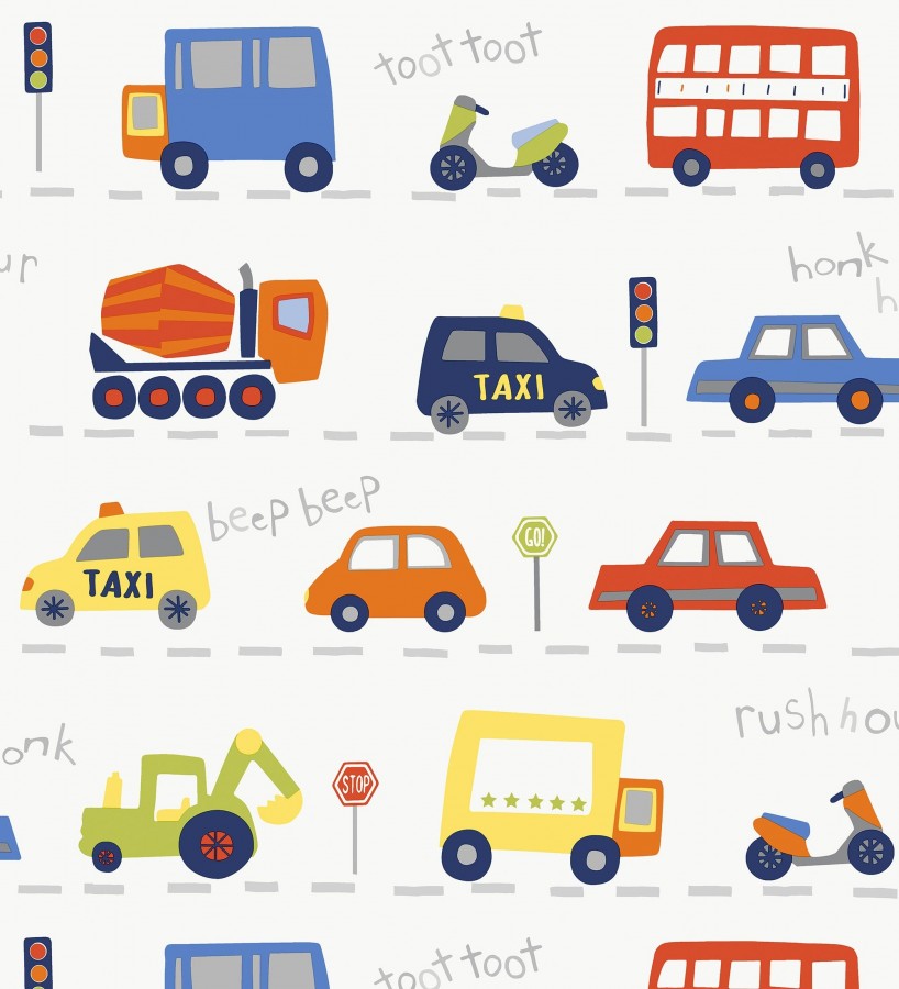 Papel pintado ciudad infantil con coches buses y camiones divertidos  Teo Drive 684099