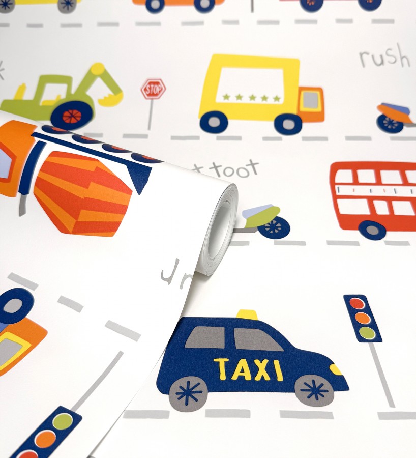 Papel pintado ciudad infantil con coches buses y camiones divertidos  Teo Drive 684099