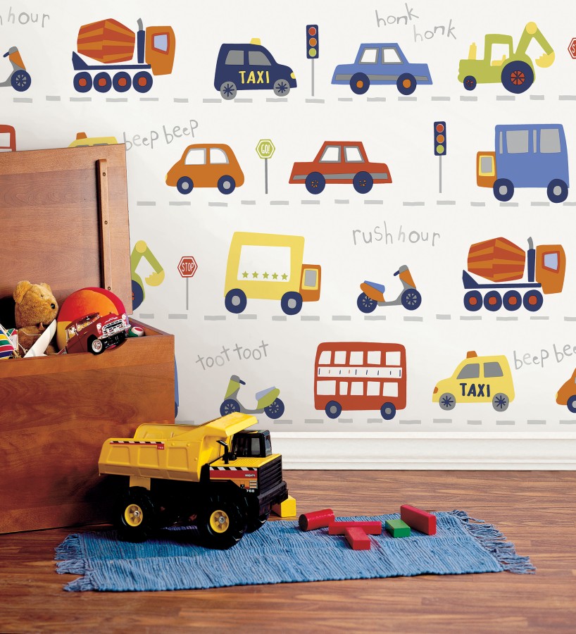 Papel pintado ciudad infantil con coches buses y camiones divertidos  Teo Drive 684099