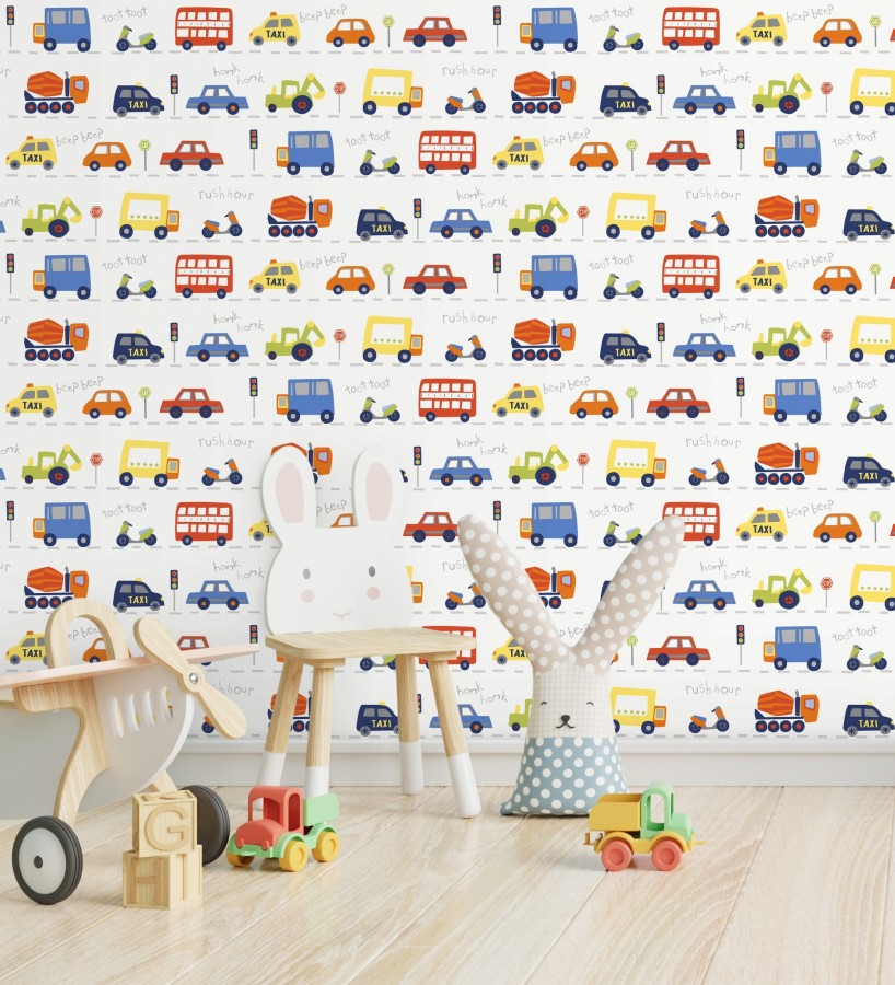 Papel pintado ciudad infantil con coches buses y camiones divertidos  Teo Drive 684099