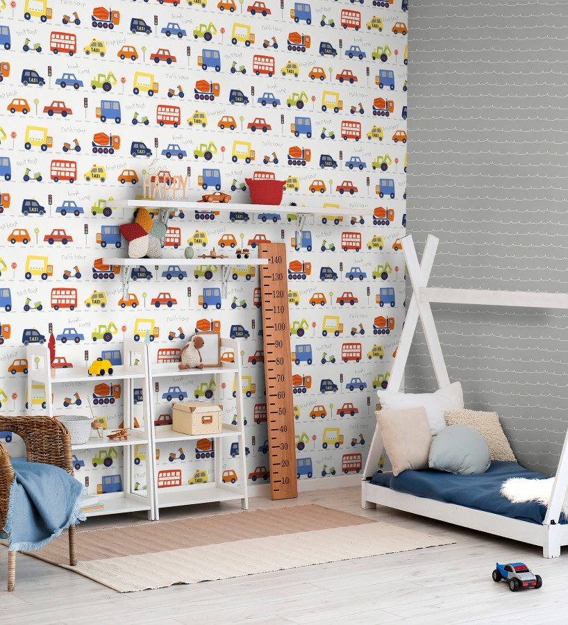 Papel pintado ciudad infantil con coches buses y camiones divertidos  Teo Drive 684099