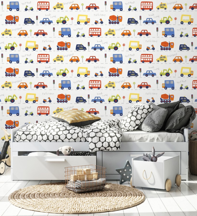 Papel pintado ciudad infantil con coches buses y camiones divertidos  Teo Drive 684099